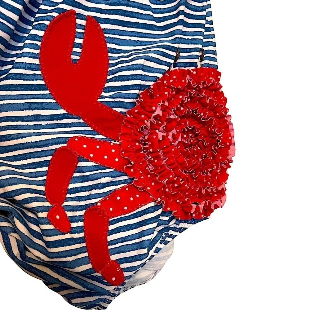 Mud Pie Blue and White Striped Crab Motif Spaghetti Strap Swimsuit Size 5T